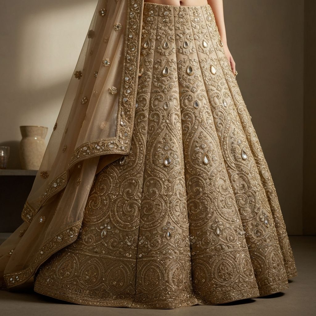 Champagne gold metallic Indian bridal lehenga with shimmering thread work and crystal embellishments for luxury wedding