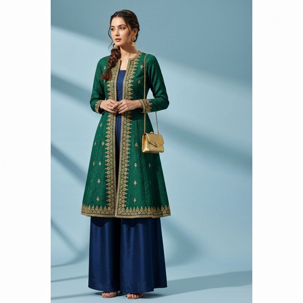 Contemporary anarkali suit with embroidered jacket and palazzo pants for modern Indian wedding guest