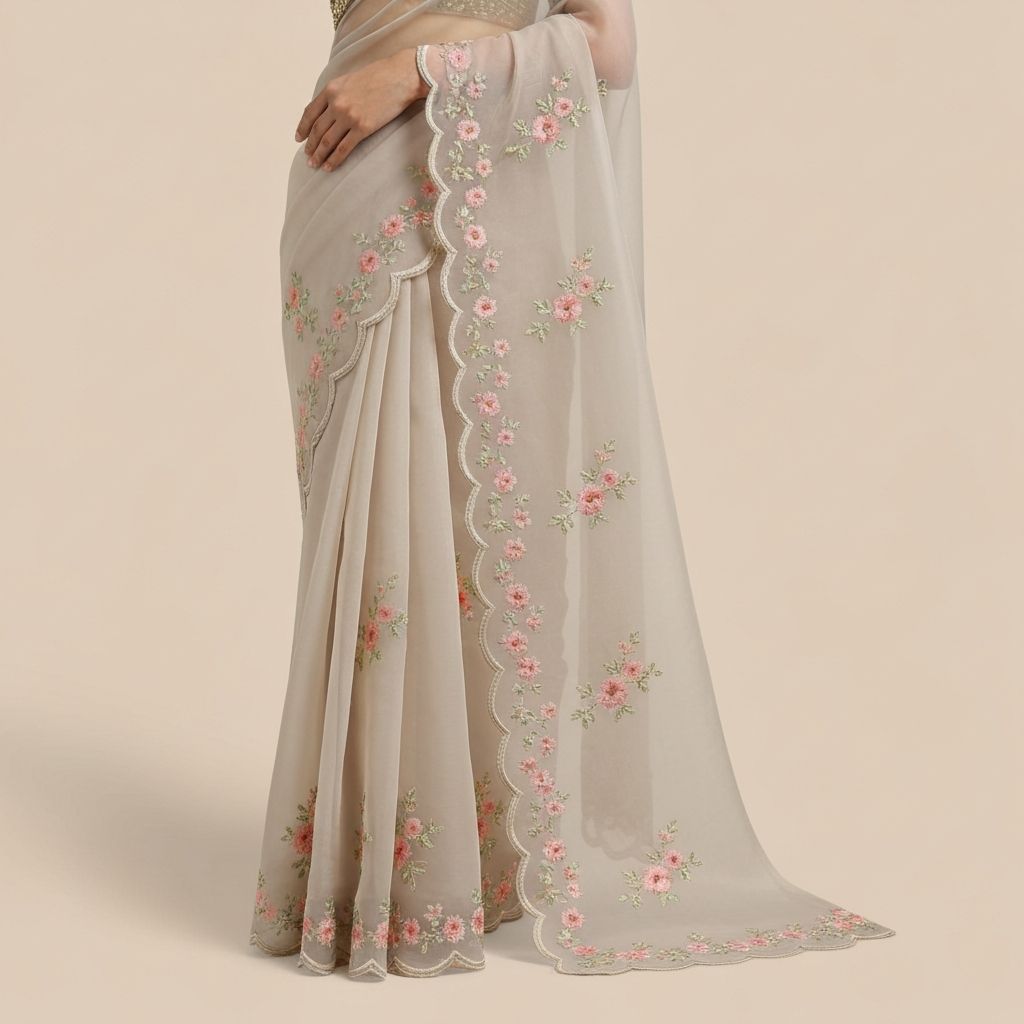 Delicate lightweight organza saree with floral embroidery and scalloped edges for elegant Indian wedding look