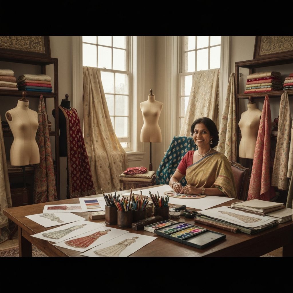 Libaas Xclusif luxury Indian bridal boutique atelier in Bellerose NY showcasing custom fabrication workspace with premium fabrics and embroidery