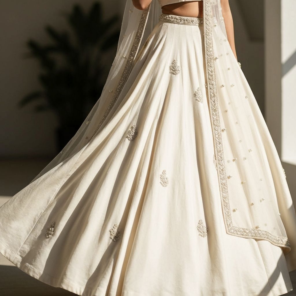 Elegant ivory white Indian bridal lehenga with delicate pearl embroidery and modern minimalist silhouette for contemporary brides