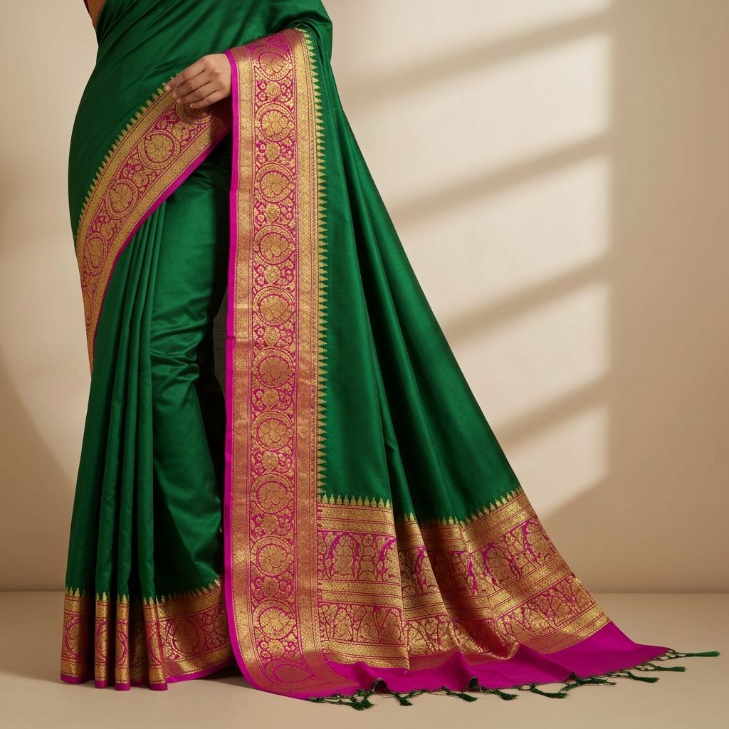 Pure silk Kanjeevaram saree with traditional temple border and contrast pallu for South Indian wedding