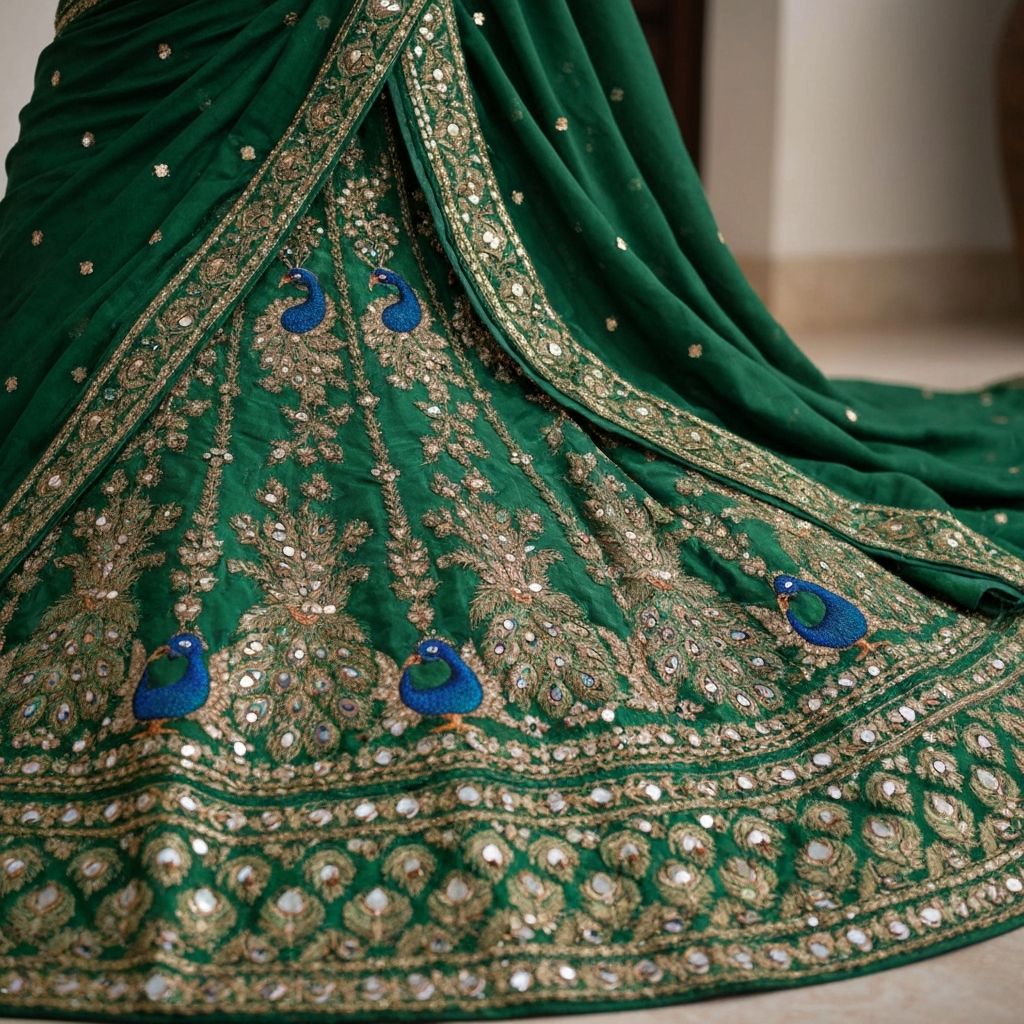 Rich emerald green Indian bridal lehenga with intricate peacock motif embroidery and traditional mirror work embellishments