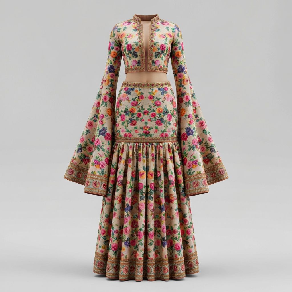 Floral printed sharara set with 3D floral appliqué and embellished borders for spring Indian wedding