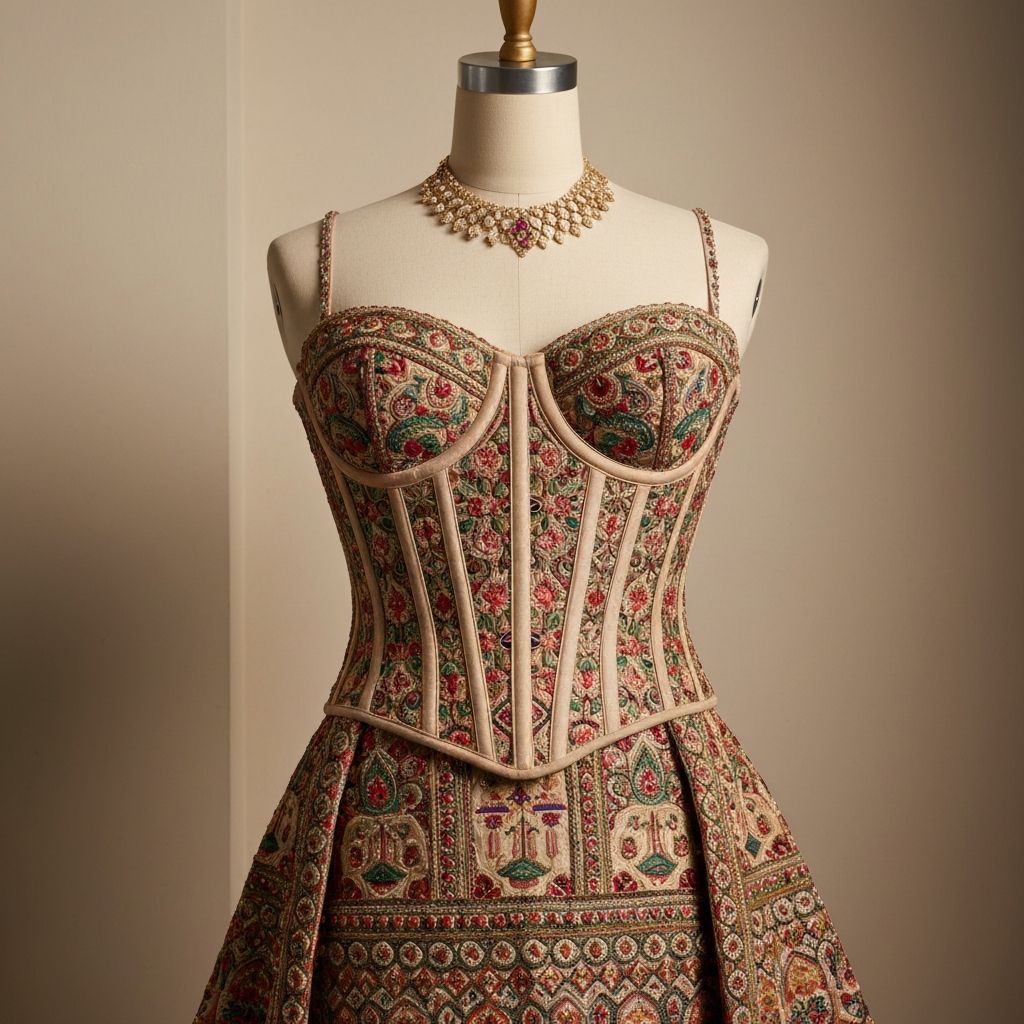 Indo-Western fusion corset gown with Indian embroidery and flowing skirt for modern bride