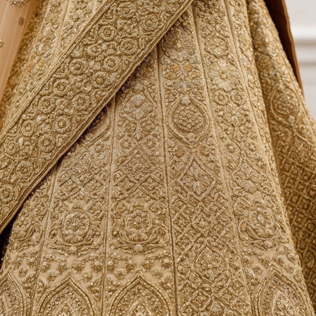 Close-up of intricate Indian bridal embroidery showing zardozi work, gota patti, and hand-stitched embellishments by Libaas Xclusif artisans