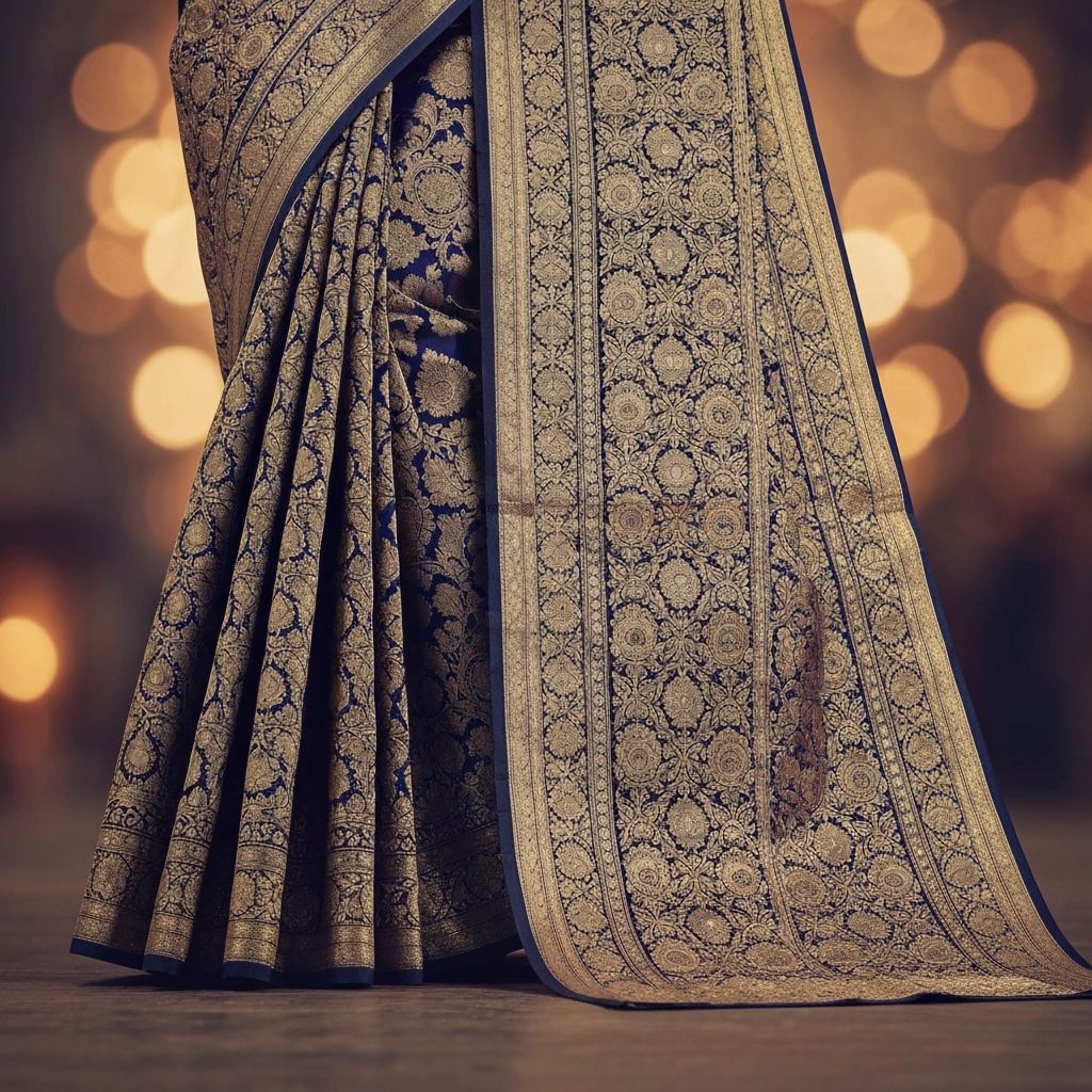 Traditional Banarasi silk saree with intricate gold zari work and brocade patterns for Indian wedding ceremony