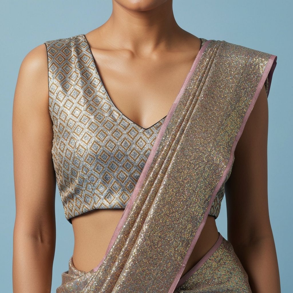 Metallic shimmer saree with contemporary blouse for glamorous minimalist wedding reception