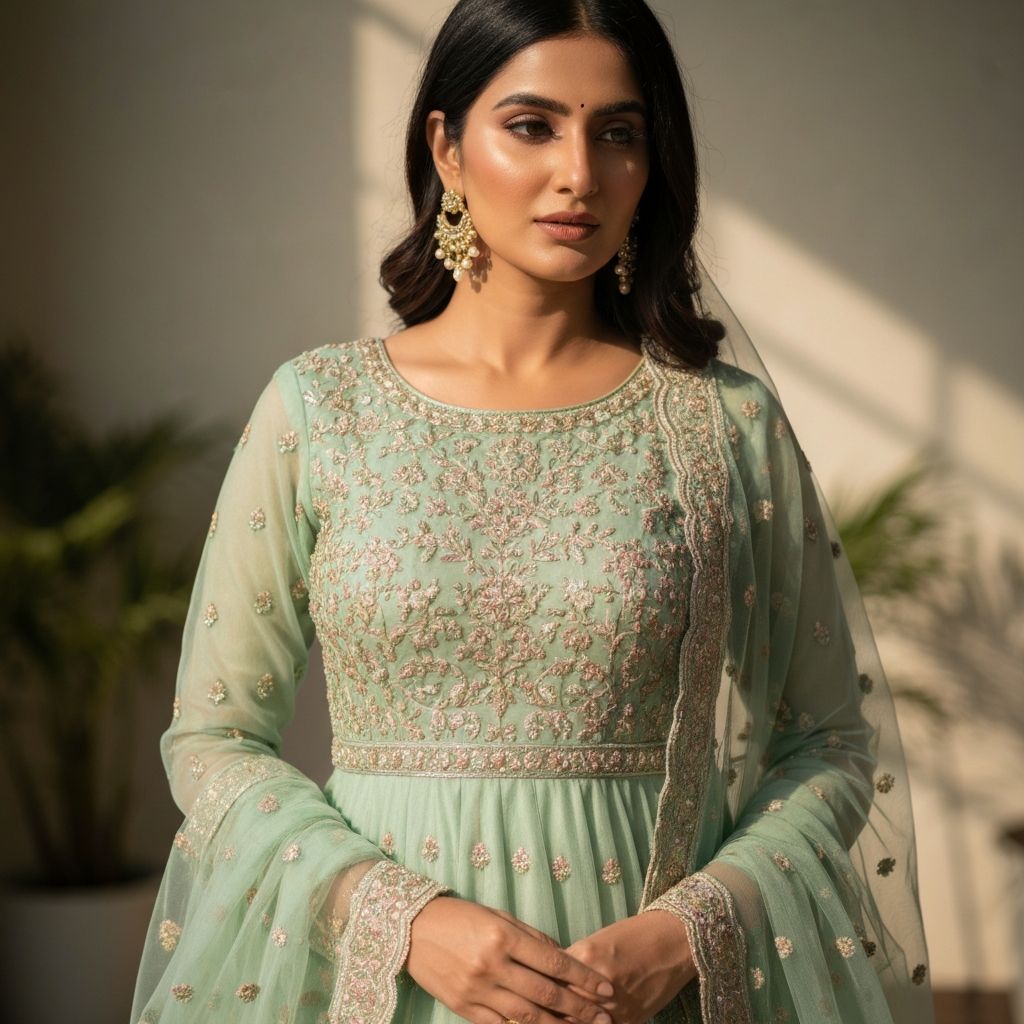 Mint green pastel anarkali suit with delicate thread work embroidery and net dupatta for sangeet ceremony