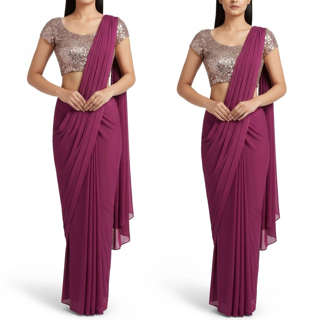 Pre-draped cocktail saree with sequin work and modern blouse for Indian wedding reception
