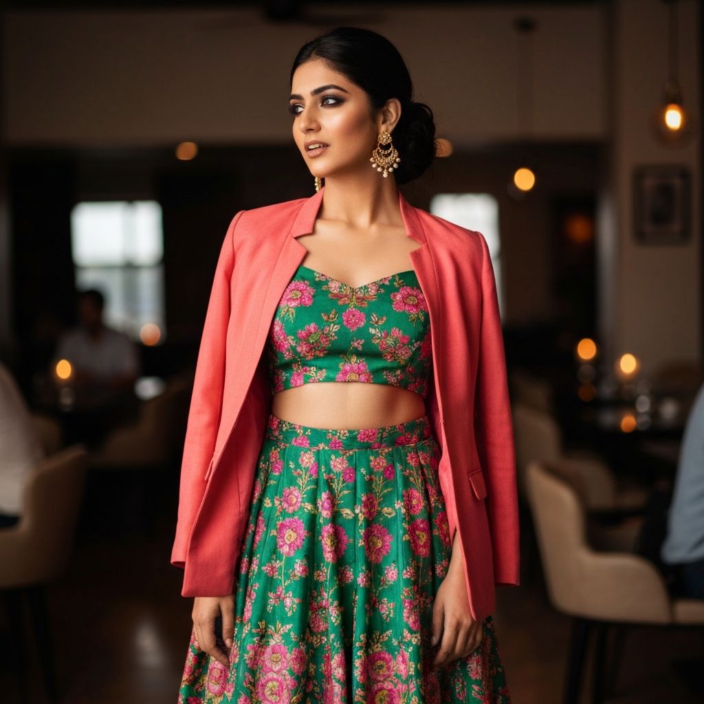 Short lehenga with embroidered jacket for cocktail party and pre-wedding celebrations